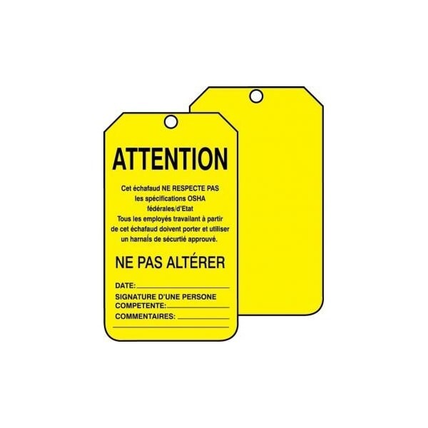 Accuform French Safety Tags, CAUTION THIS SCAFFOLD DOES NOT MEET FED, 5.75in x 3.25in, RP-Plastic, 5PK FRTSS102PTM - main